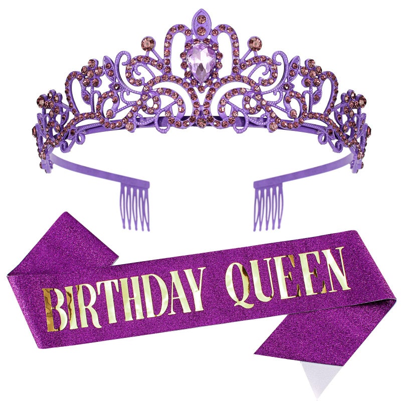 Velscrun Happy Birthday Queen Violets Tiara Crowns for Women, Birthday Girl Sash, Party Favors & Decorations - Image 1