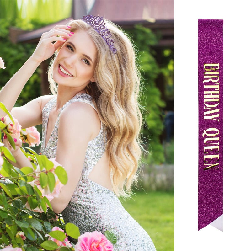 Velscrun Happy Birthday Queen Violets Tiara Crowns for Women, Birthday Girl Sash, Party Favors & Decorations - Image 2