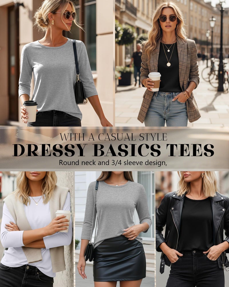 Ficerd 3 Pack 3/4 Sleeve Tops for Women Round Neck Dressy Basics Tees Casual Trendy Loose Fit T Shirts(Black, White, Light Gray,Medium) - Image 2