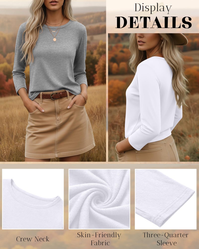 Ficerd 3 Pack 3/4 Sleeve Tops for Women Round Neck Dressy Basics Tees Casual Trendy Loose Fit T Shirts(Black, White, Light Gray,Medium) - Image 5