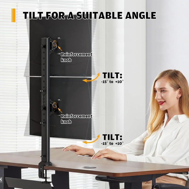 Hemudu Dual Monitor Articulating Desk Mount Arm Stand - Vertical Stack Screen Supports Two 13 to 32 Inch Computer Monitors with C Clamp - Image 3