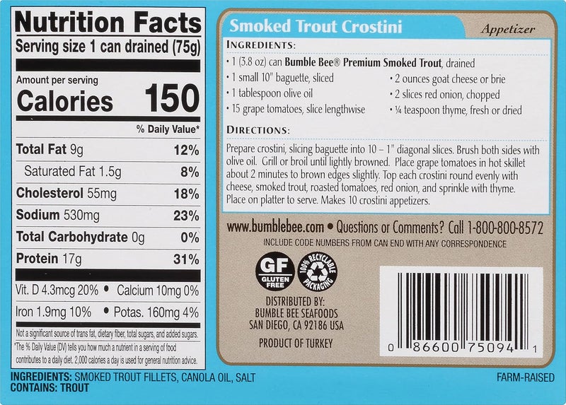 Bumble Bee Skinless & Boneless Smoked Trout Fillets, 3.8 oz Cans (Pack of 12) - High Protein, Gluten Free Snack - Image 2