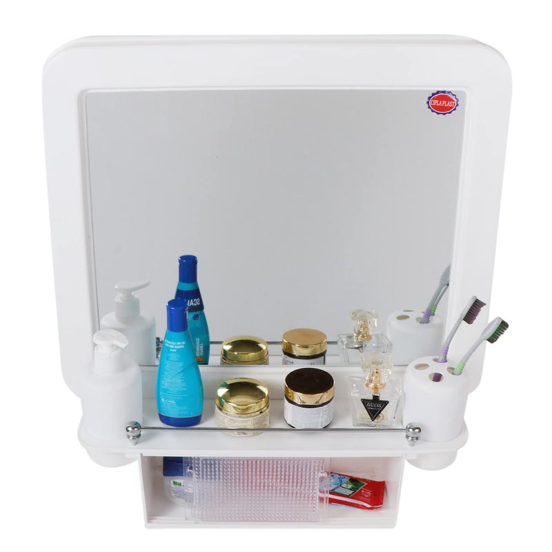 CIPLA PLAST CIPLA PLAST Wall Mount Plastic Bathroom Mirror Cabinet Sliding Drawer Toothbrush Holder Liquid Soap Dispenser White Square Dcor  - Image 1