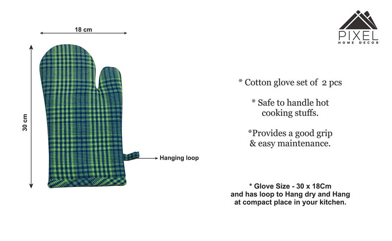 PIXEL HOME DECOR PIXEL HOME Cotton Microwave Oven Mitten for Microwave - Set of 2 PCS Oven Glove - Heat Resistant (Colour-Green & Blue Pin Stripe) - Image 3