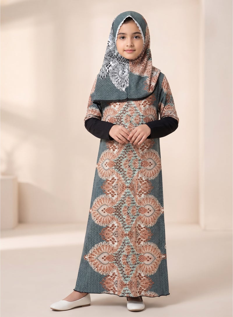 Girls Prayer Esdall / Abaya Size 10 with Geometric & Floral Pattern, Black Sleeves and Hood - Islamic Prayer Dress - Image 1