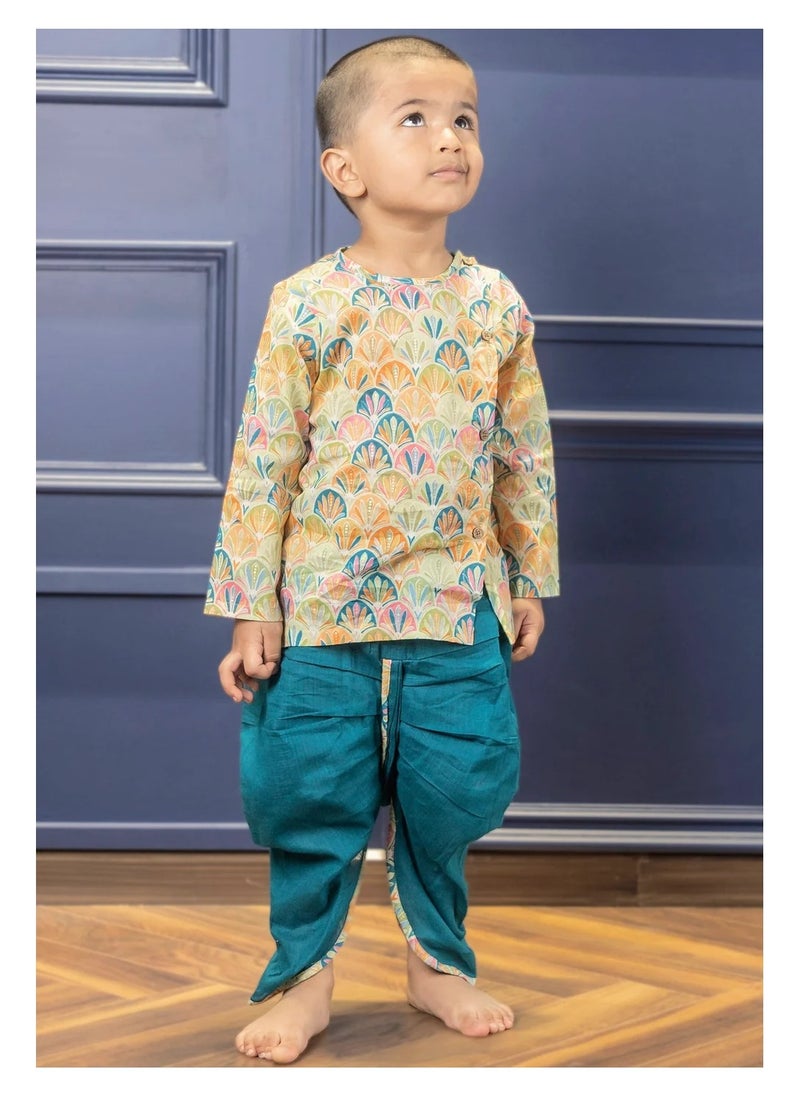 Polka Tots Polka Tots Full Sleeves Floral Print Angrakha with Dhoti - Blue  - Image 3