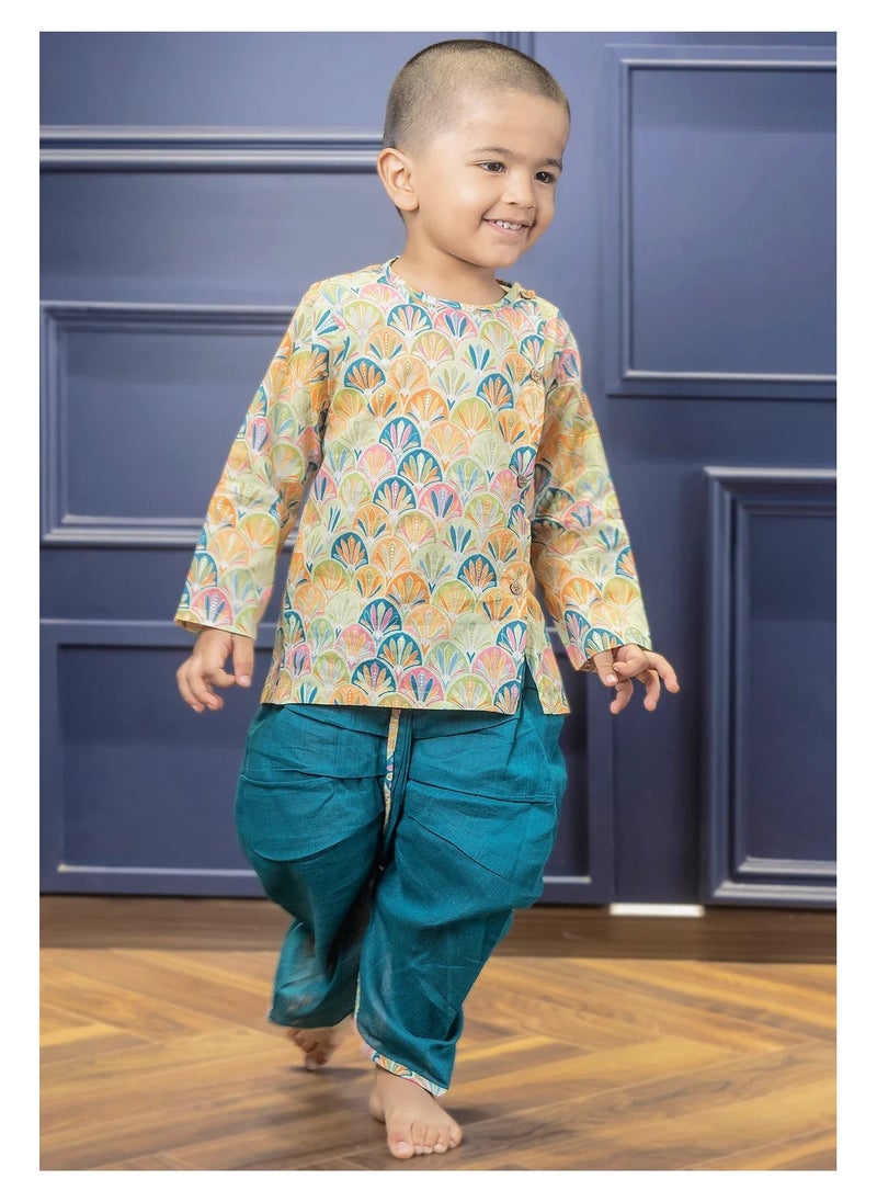 Polka Tots Polka Tots Full Sleeves Floral Print Angrakha with Dhoti - Blue  - Image 1