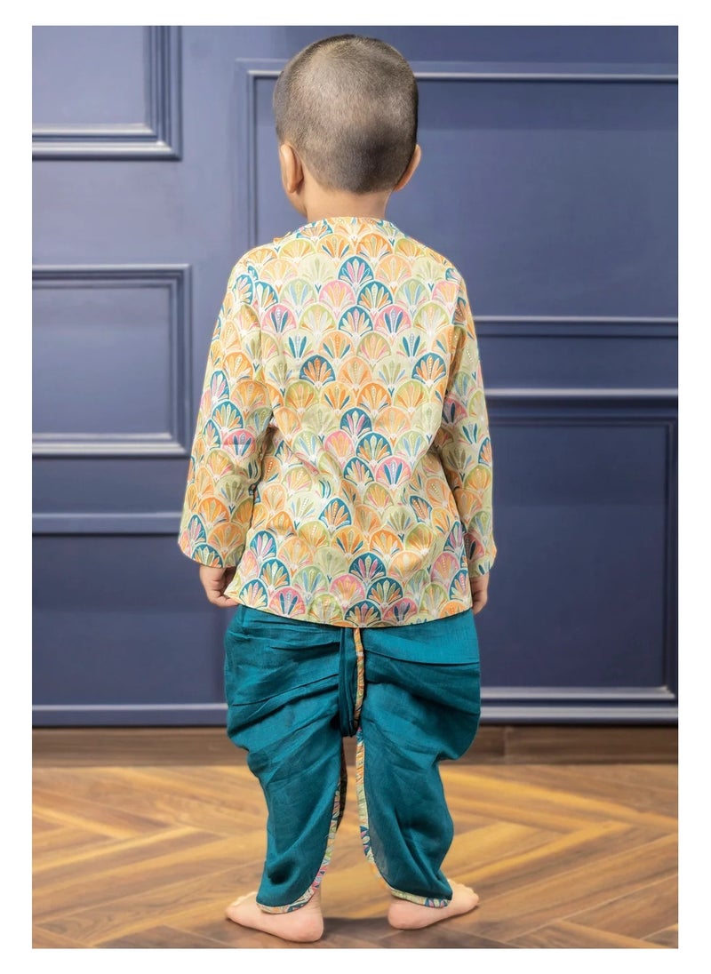Polka Tots Polka Tots Full Sleeves Floral Print Angrakha with Dhoti - Blue  - Image 2