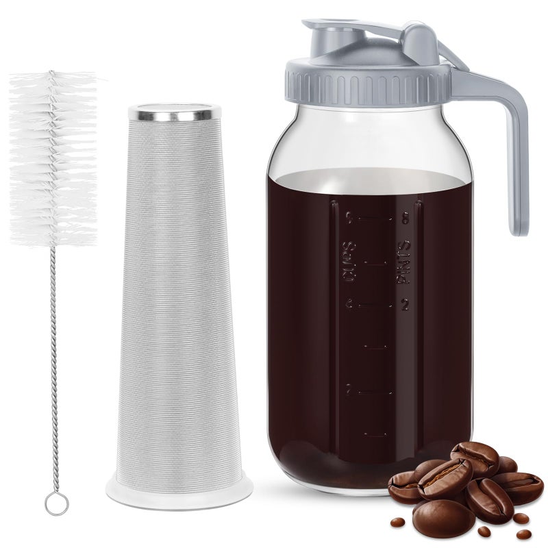 Enrimyee 64oz Stainless Steel Filter Cold Brew Pitcher with Airtight Lid for Coffee & Iced Tea - Image 1