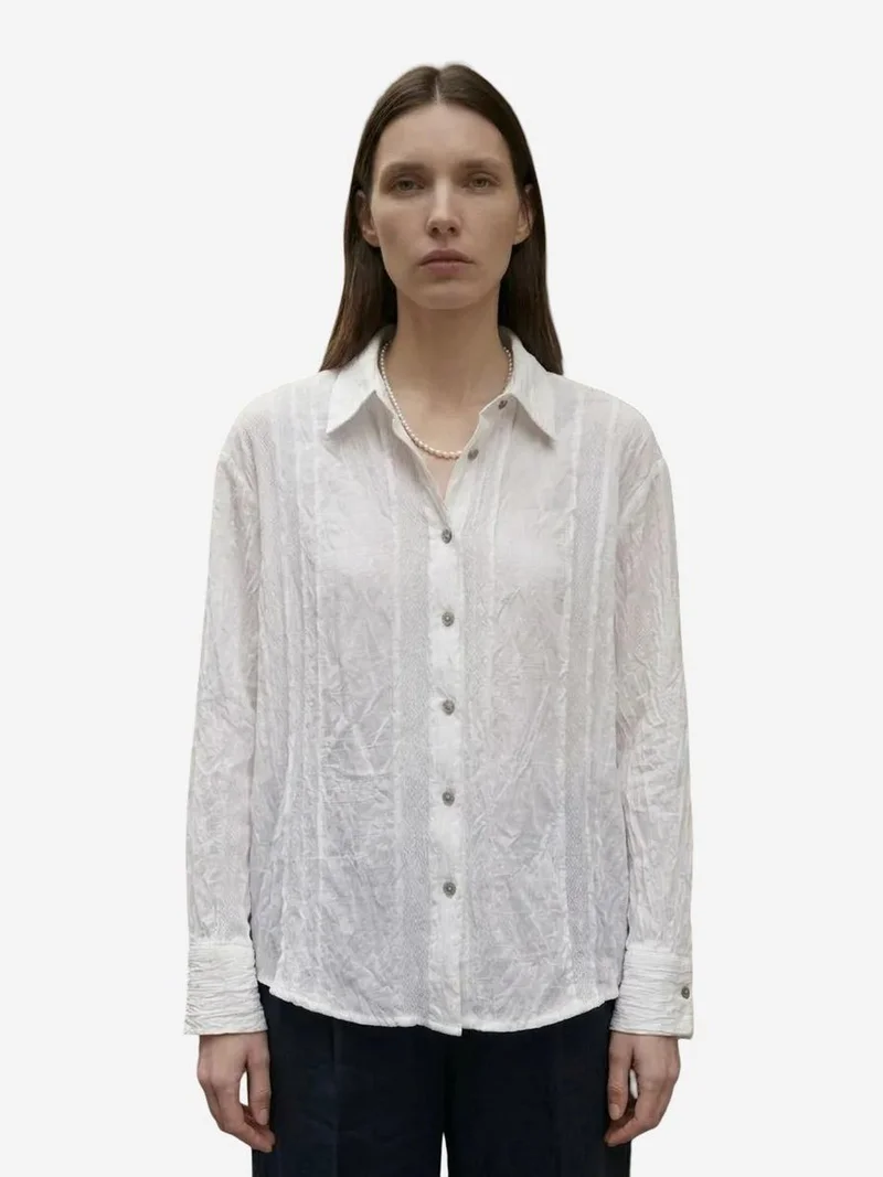 My Fashion White MY FASHION Textured Woven Long Sleeve Button-Up Shirt for Women | Best Price UAE