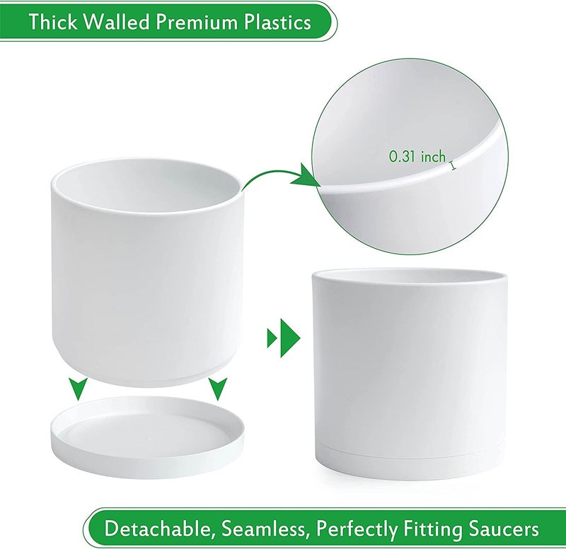 D'vine Dev 10 Inch Plastic Planter Pots for Plant Pot with Drainage Hole and Seamless Saucers, White Color, 74-X-A-2 - Image 4
