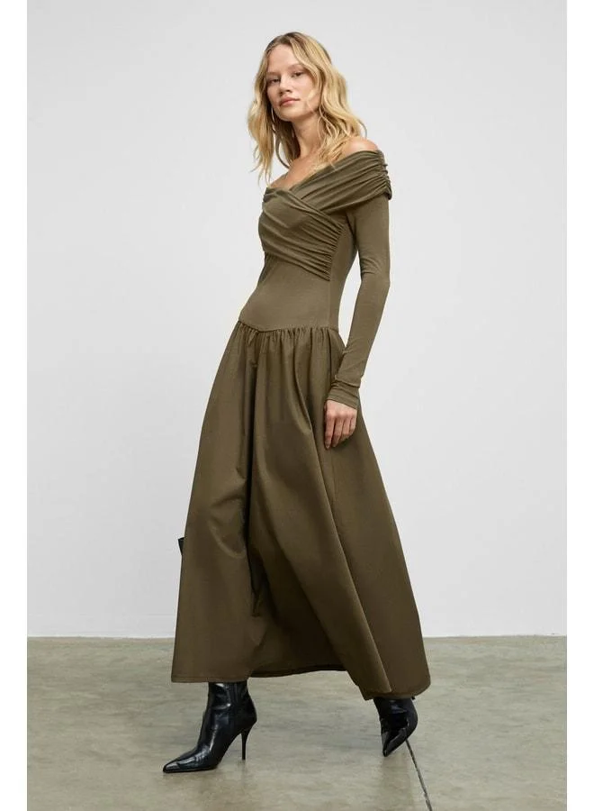Grimelange FRUENDO Women's Asymmetric Collar Top with Flexible Fabric Skirt, Poplin Long Khaki Dress.