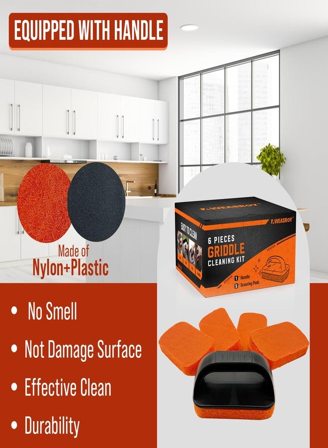 AWEASROY 6-Piece Griddle Cleaning Kit for Blackstone, Flat Top Grill Cleaning Kit Non-Scratch Scouring Pads for Kitchen - 5 Scrubber Pads and 1 Handle - Image 4