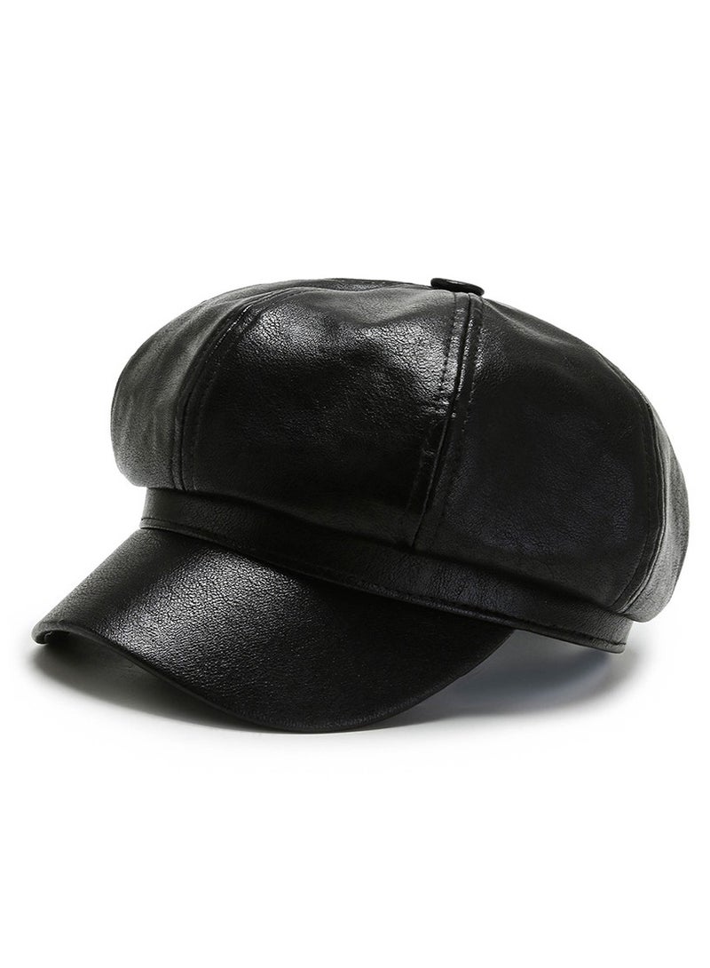 Womens Vintage PU Leather Newsboy Cap Outdoor Beret Painter Flat Hat - Image 2
