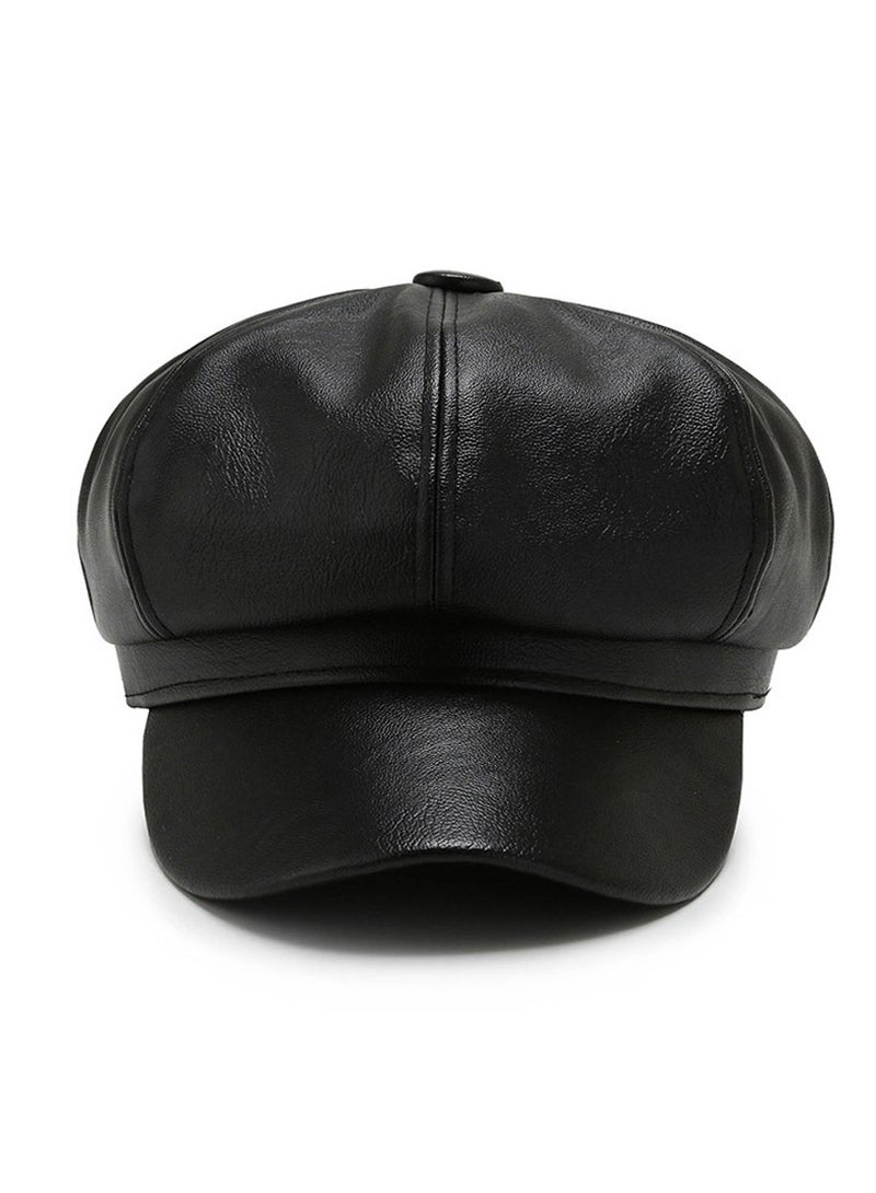 Womens Vintage PU Leather Newsboy Cap Outdoor Beret Painter Flat Hat - Image 5