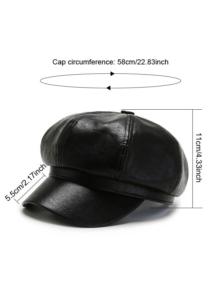 Womens Vintage PU Leather Newsboy Cap Outdoor Beret Painter Flat Hat - Image 4