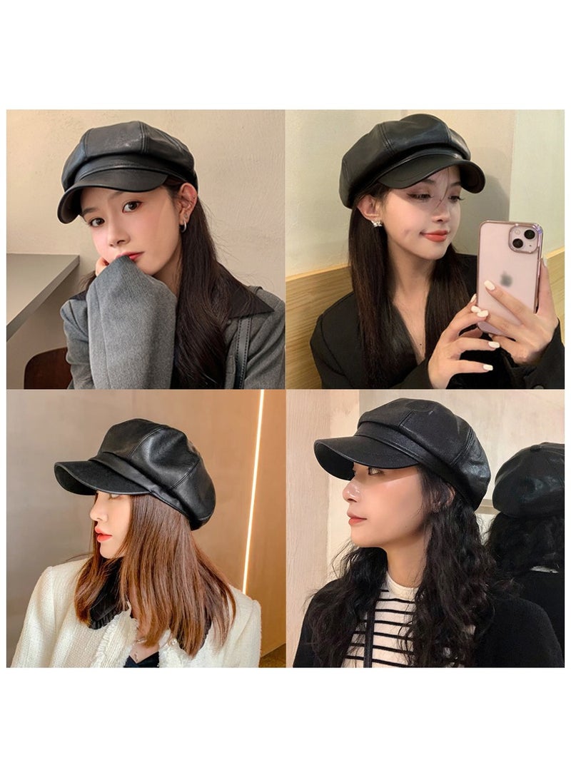 Womens Vintage PU Leather Newsboy Cap Outdoor Beret Painter Flat Hat - Image 3