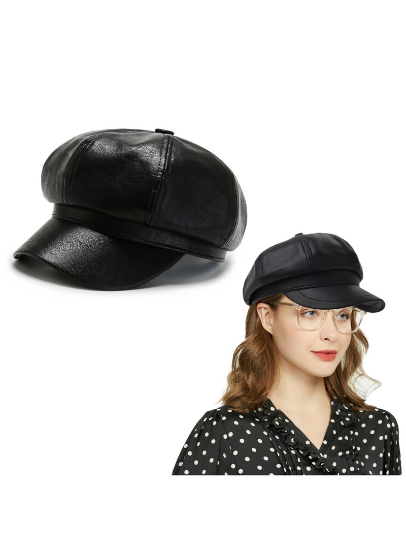 Womens Vintage PU Leather Newsboy Cap Outdoor Beret Painter Flat Hat - Image 1
