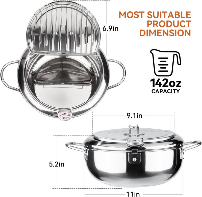 Kerilyn Depp Japanese Style Tempura Deep Fryer with Lid, 304 Stainless Steel with Temperature Control and Drainer for French Fries, Chicken, etc. 4.2 L - Image 3