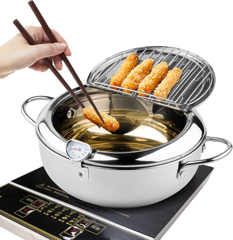 Kerilyn Depp Japanese Style Tempura Deep Fryer with Lid, 304 Stainless Steel with Temperature Control and Drainer for French Fries, Chicken, etc. 4.2 L - Image 1