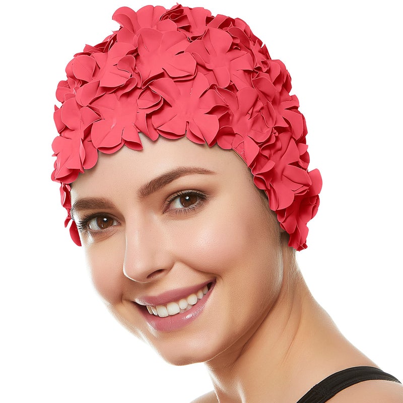 BEEMO Floral Petal Ladies Bathing Swim Cap - Coral Pink - Image 5