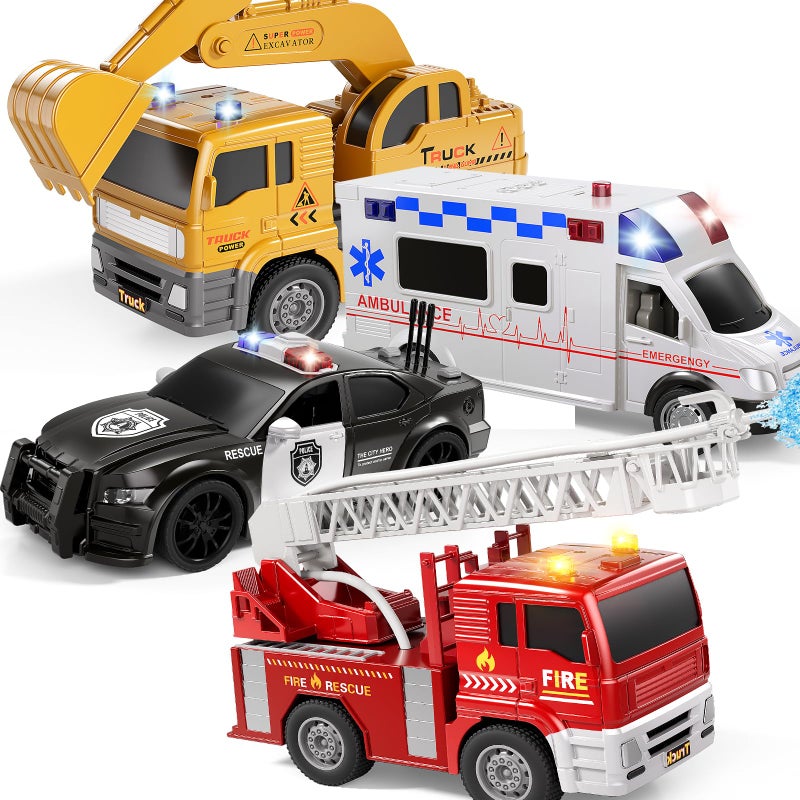 KIZONLY Emergency Vehicle Toys Toy Cars for Toddlers 13 with Fire Truck Ambulance Police Car Excavator Toy Friction Powered Truck with Light and Sound Birthday Gifts for Boys and Girls Age 312 - Image 3