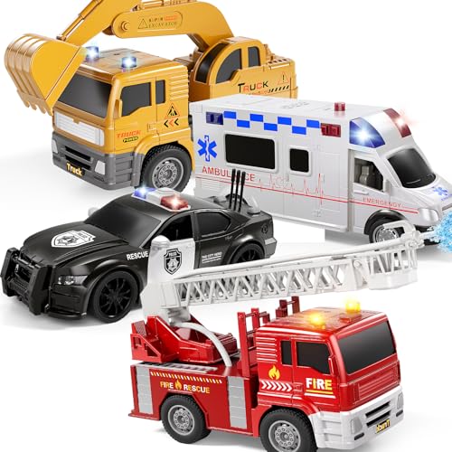 KIZONLY Emergency Vehicle Toys Toy Cars for Toddlers 13 with Fire Truck Ambulance Police Car Excavator Toy Friction Powered Truck with Light and Sound Birthday Gifts for Boys and Girls Age 312 - Image 1