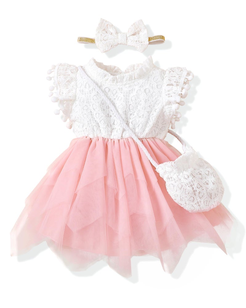 Renotemy Baby Girl Flower Dresses 6-9 Months Infant Summer Clothes Pink Lace Tulle Dresses for Baby Girls White Ruffle Sleeve Princess Wedding Birthday Party Dress 9-12 Month Girl Clothes - Image 1