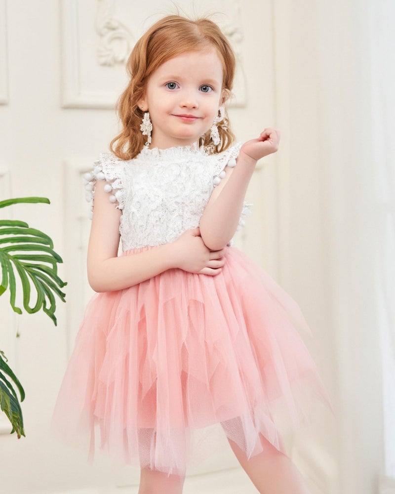 Renotemy Baby Girl Flower Dresses 6-9 Months Infant Summer Clothes Pink Lace Tulle Dresses for Baby Girls White Ruffle Sleeve Princess Wedding Birthday Party Dress 9-12 Month Girl Clothes - Image 2