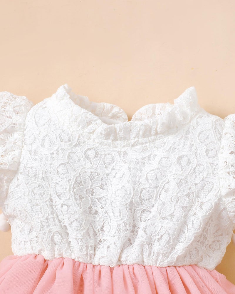 Renotemy Baby Girl Flower Dresses 6-9 Months Infant Summer Clothes Pink Lace Tulle Dresses for Baby Girls White Ruffle Sleeve Princess Wedding Birthday Party Dress 9-12 Month Girl Clothes - Image 4