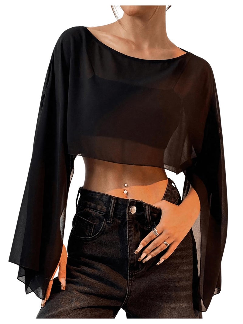 OYOANGLE Women's Mesh Sheer Split Bell Sleeve Crop Top Boat Neck Drop Shoulder Flowy Blouse Tops Black Medium - Image 1