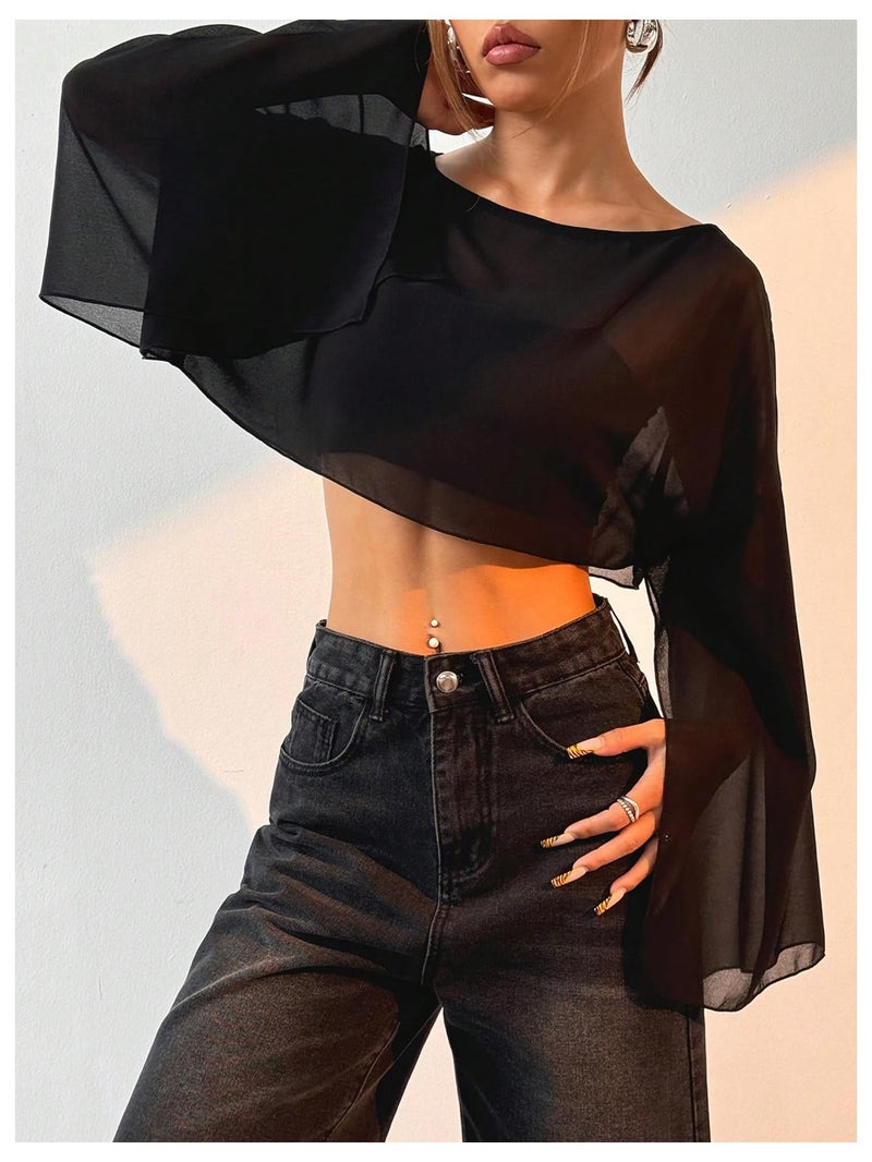 OYOANGLE Women's Mesh Sheer Split Bell Sleeve Crop Top Boat Neck Drop Shoulder Flowy Blouse Tops Black Medium - Image 4