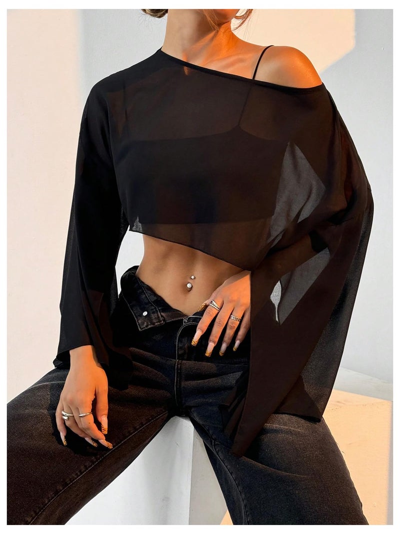 OYOANGLE Women's Mesh Sheer Split Bell Sleeve Crop Top Boat Neck Drop Shoulder Flowy Blouse Tops Black Medium - Image 5
