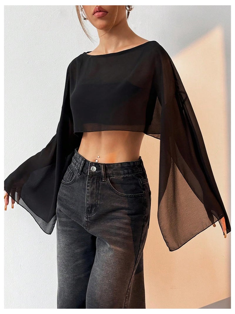 OYOANGLE Women's Mesh Sheer Split Bell Sleeve Crop Top Boat Neck Drop Shoulder Flowy Blouse Tops Black Medium - Image 2