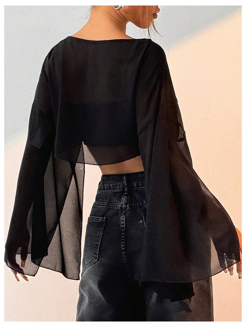 OYOANGLE Women's Mesh Sheer Split Bell Sleeve Crop Top Boat Neck Drop Shoulder Flowy Blouse Tops Black Medium - Image 3