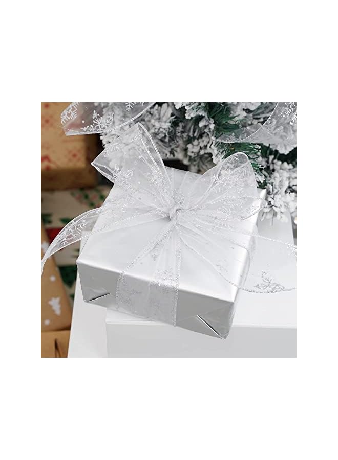 The Bros Glitter Fabric Holiday Festival Satin Ribbons 2 Rolls 63mm x 10 Yards Silver Snowflake Ribbon Wired Tree Ribbon for Gift Wrapping, Tree Topper, Wreaths Decorations - Image 5