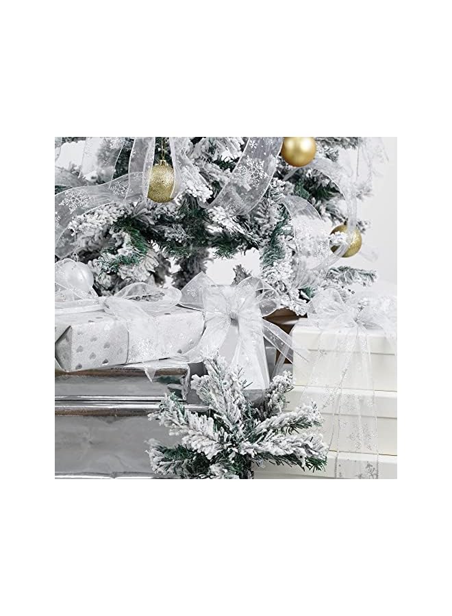 The Bros Glitter Fabric Holiday Festival Satin Ribbons 2 Rolls 63mm x 10 Yards Silver Snowflake Ribbon Wired Tree Ribbon for Gift Wrapping, Tree Topper, Wreaths Decorations - Image 3