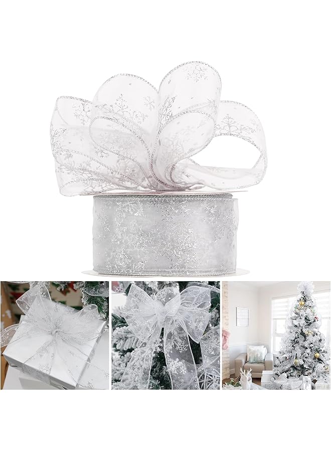 The Bros Glitter Fabric Holiday Festival Satin Ribbons 2 Rolls 63mm x 10 Yards Silver Snowflake Ribbon Wired Tree Ribbon for Gift Wrapping, Tree Topper, Wreaths Decorations - Image 1