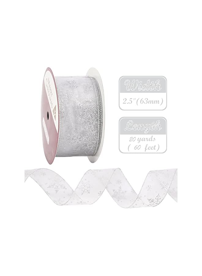 The Bros Glitter Fabric Holiday Festival Satin Ribbons 2 Rolls 63mm x 10 Yards Silver Snowflake Ribbon Wired Tree Ribbon for Gift Wrapping, Tree Topper, Wreaths Decorations - Image 2