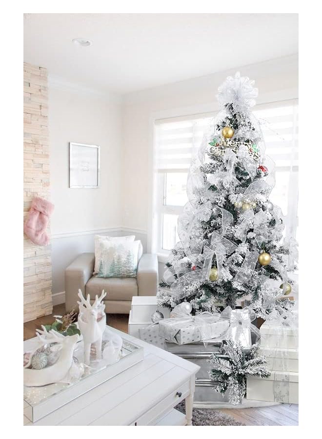 The Bros Glitter Fabric Holiday Festival Satin Ribbons 2 Rolls 63mm x 10 Yards Silver Snowflake Ribbon Wired Tree Ribbon for Gift Wrapping, Tree Topper, Wreaths Decorations - Image 4