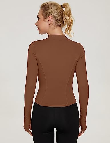 LUYAA Long Sleeve Workout Tops for Women Zip Up Lightweight Jackets Cropped Jacket with Thumb Holes Brown M - Image 4