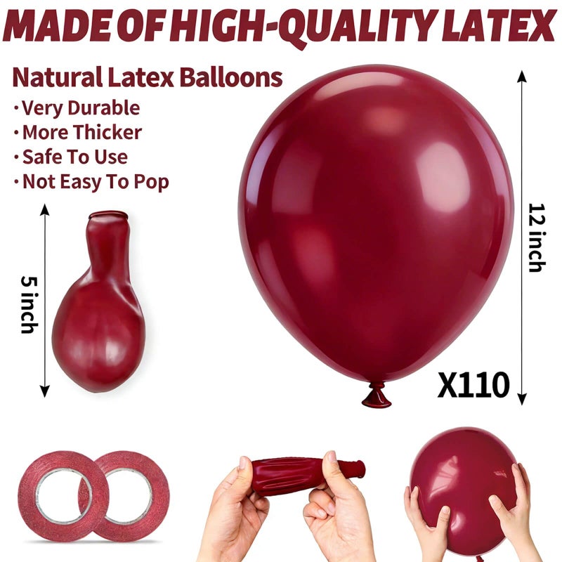 KUULBELA 110pcs Burgundy Red Balloon 12 Inch, Burgundy Red Latex Balloons for Birthday Party Baby Shower Wedding(with 2 Ribbons). - Image 3