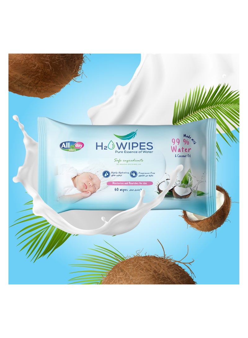 All day wipes All Day H2O Wet Wipes 99% Water & Coconut Oil -60 Count : Made with 99.9% Pure Water and Infused with Natural Coconut Extract for Added Hydration and Nourishment. ( Pack of 24 ) - Image 5