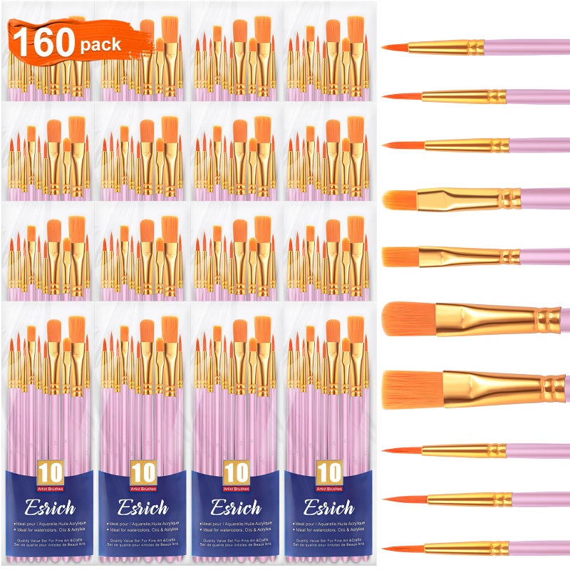 ESRICH Acrylic Paint Brushes Set 16 Packs160 Pcs Pink Suitable for Acrylic Oil WatercolorRock Body Face Nail ArtPerfect Suit of Art Painting Best Gift for Kids Adult Drawing