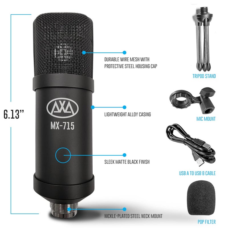 AXA AXCESSABLES AxcessAbles USB Condenser Vocal Microphone with a 5.5 ft Cable, Desk Mic Stand and Pop Filter | Microphone for Singing, Studio Recording, Podcast, Karaoke | AxcessAbles MX-715 - Image 2