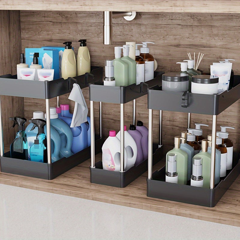 3pcs Under Sink Organizer, Pull Out Under Sink Storage, 2 Tier Under The Sink Organizer, Bathroom Kitchen Organizer Under Cabinet Shelf for Cleaning Supplies, Utility Racks - Image 1