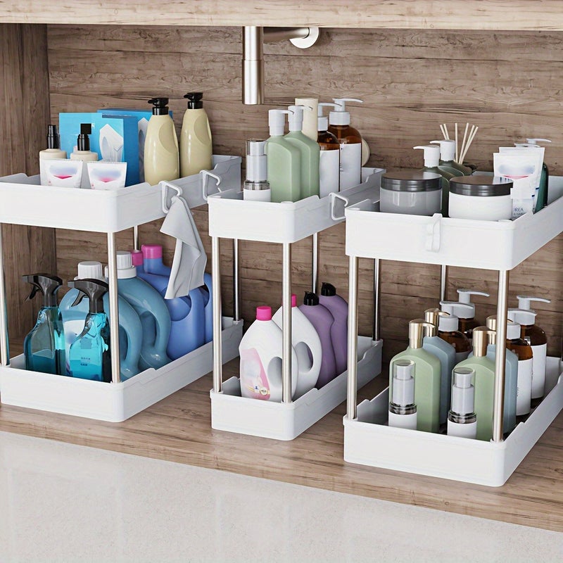 3pcs Under Sink Organizer, Pull Out Under Sink Storage, 2 Tier Under The Sink Organizer, Bathroom Kitchen Organizer Under Cabinet Shelf for Cleaning Supplies, Utility Racks - Image 2