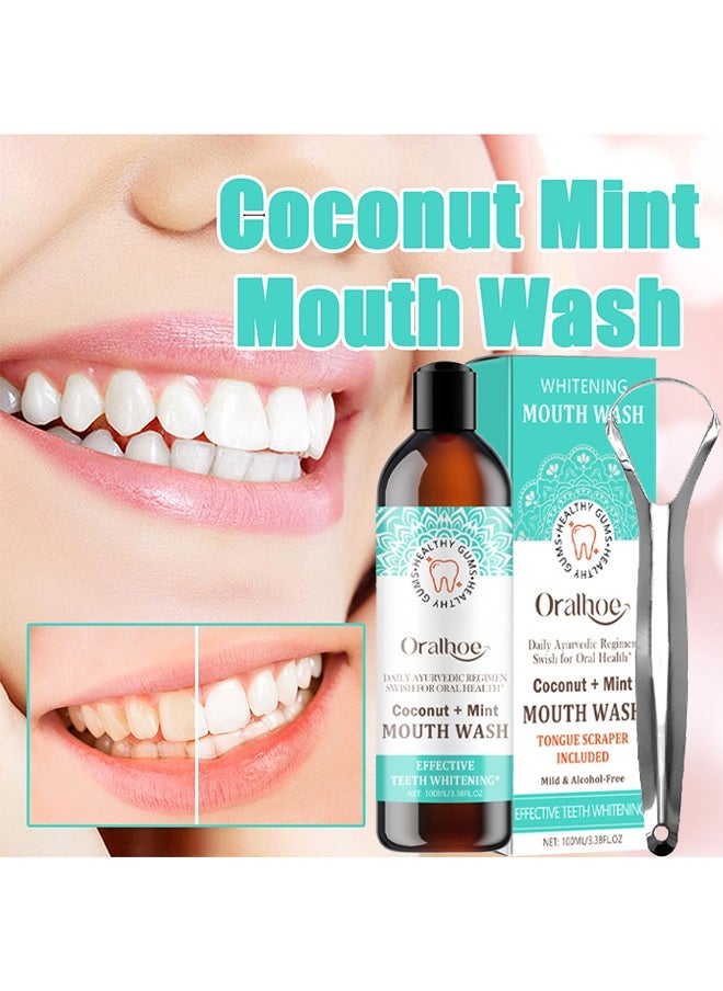 ORALHOE - Whitening Mouth Wash,Coconut & Peppermint Oil with Tongue Scraper Inside the Box - Natural, Alcohol Free Mouthwash to Help With Fresh Breath, Teeth Whitening and Healthier Teeth & Gums 100ml - Image 1