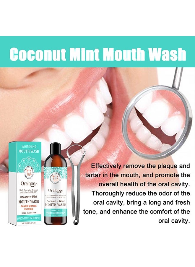ORALHOE - Whitening Mouth Wash,Coconut & Peppermint Oil with Tongue Scraper Inside the Box - Natural, Alcohol Free Mouthwash to Help With Fresh Breath, Teeth Whitening and Healthier Teeth & Gums 100ml - Image 1