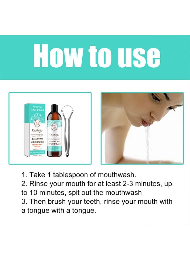 ORALHOE - Whitening Mouth Wash,Coconut & Peppermint Oil with Tongue Scraper Inside the Box - Natural, Alcohol Free Mouthwash to Help With Fresh Breath, Teeth Whitening and Healthier Teeth & Gums 100ml - Image 1